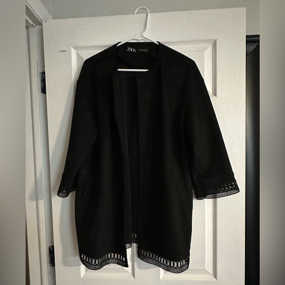 Zara Faux Suede Open Front Jacket with Lace Trim